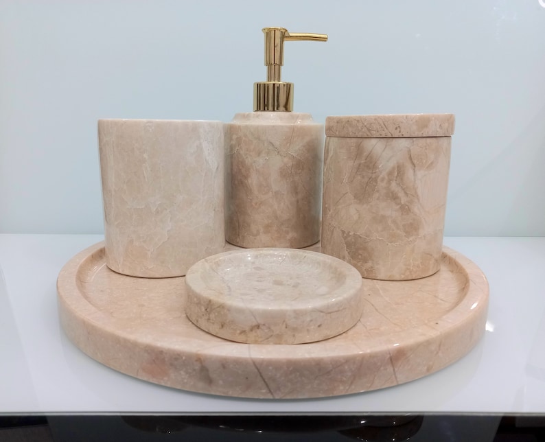 Natural marble bathroom set, 5 pieces, marble bath set, cream marble bath set